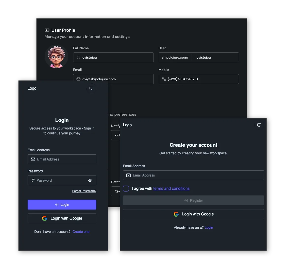 Login and registration screens