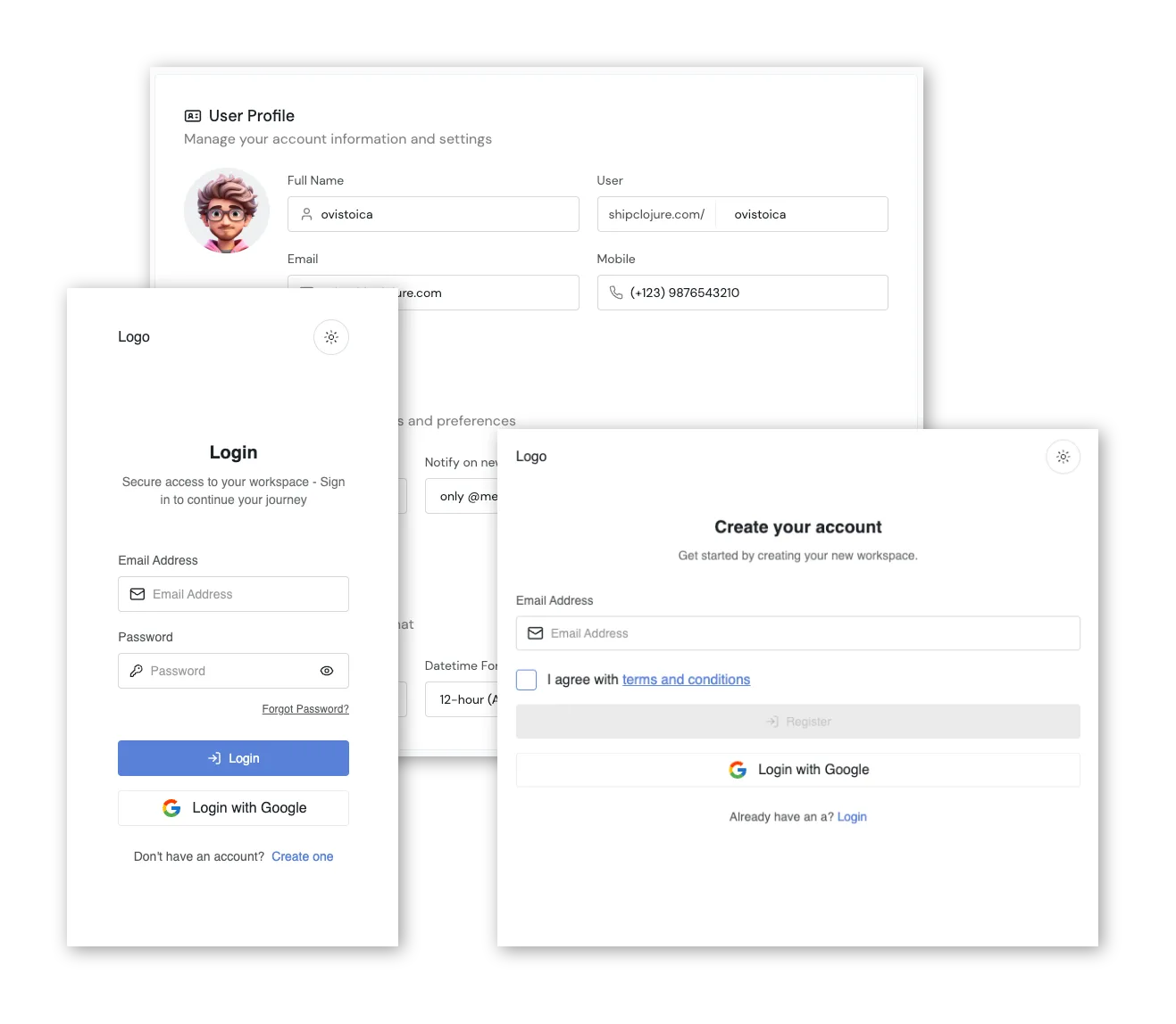 Login and registration screens